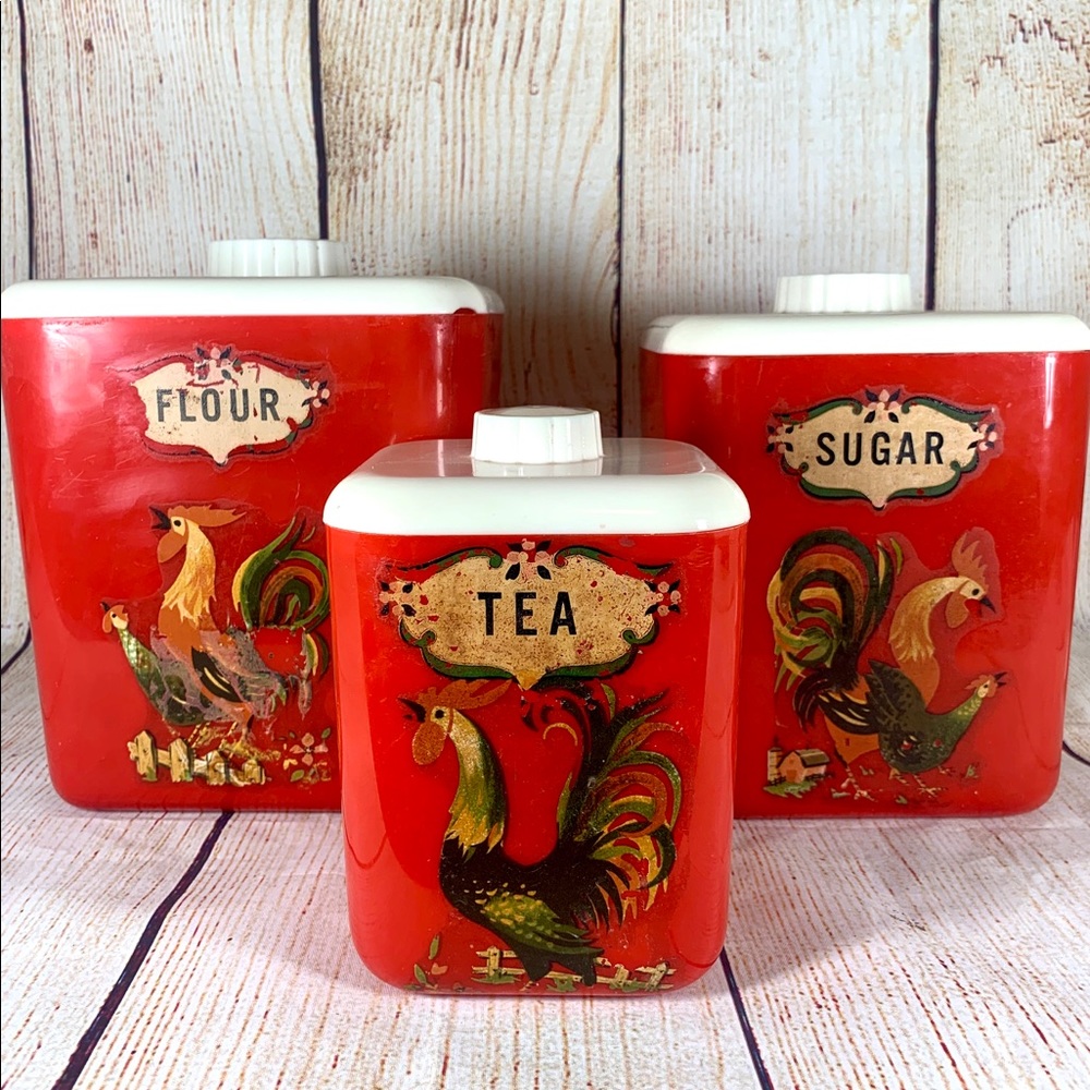 Rare 1950’s Lustro Ware Rooster Canisters 3